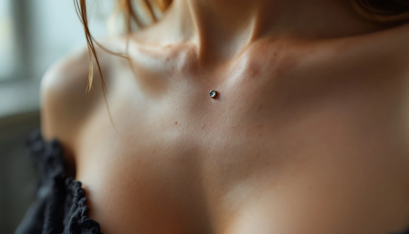 Piercing de surface en titane posé entre les seins, gros plan décolleté