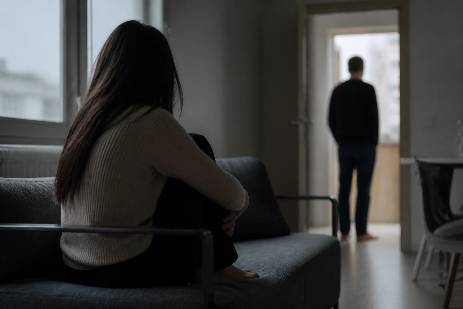 Femme assise seule dans un salon, silhouette masculine floue en arrière-plan