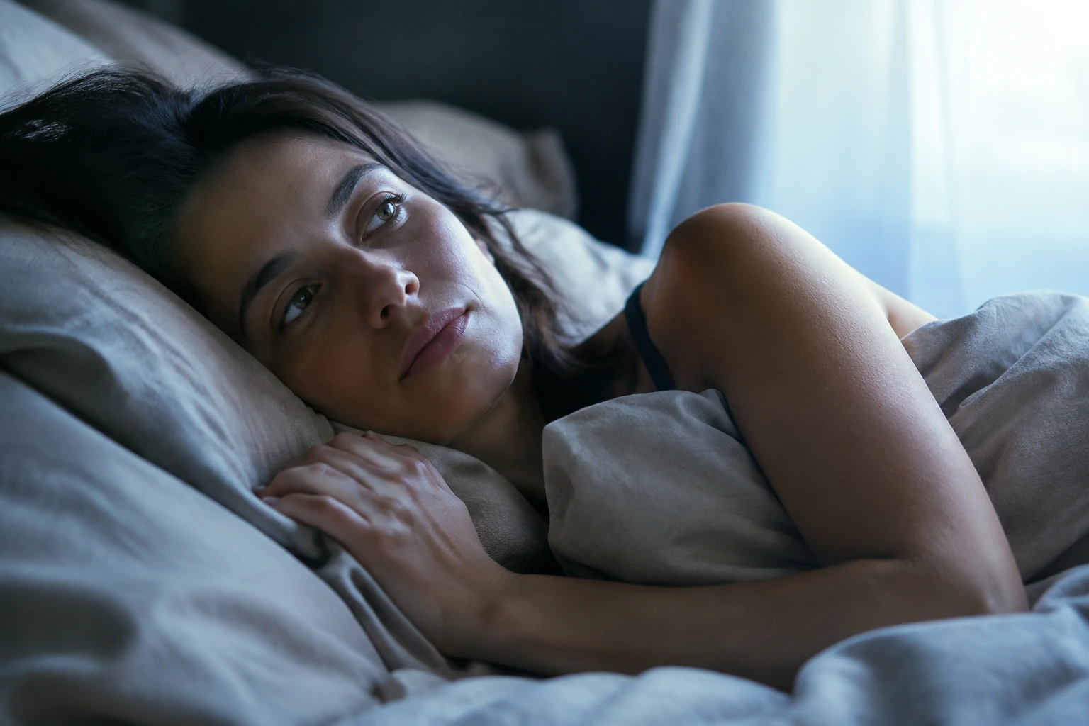 Femme réveillée pensivement au petit matin après avoir rêvé d'une personne décédée