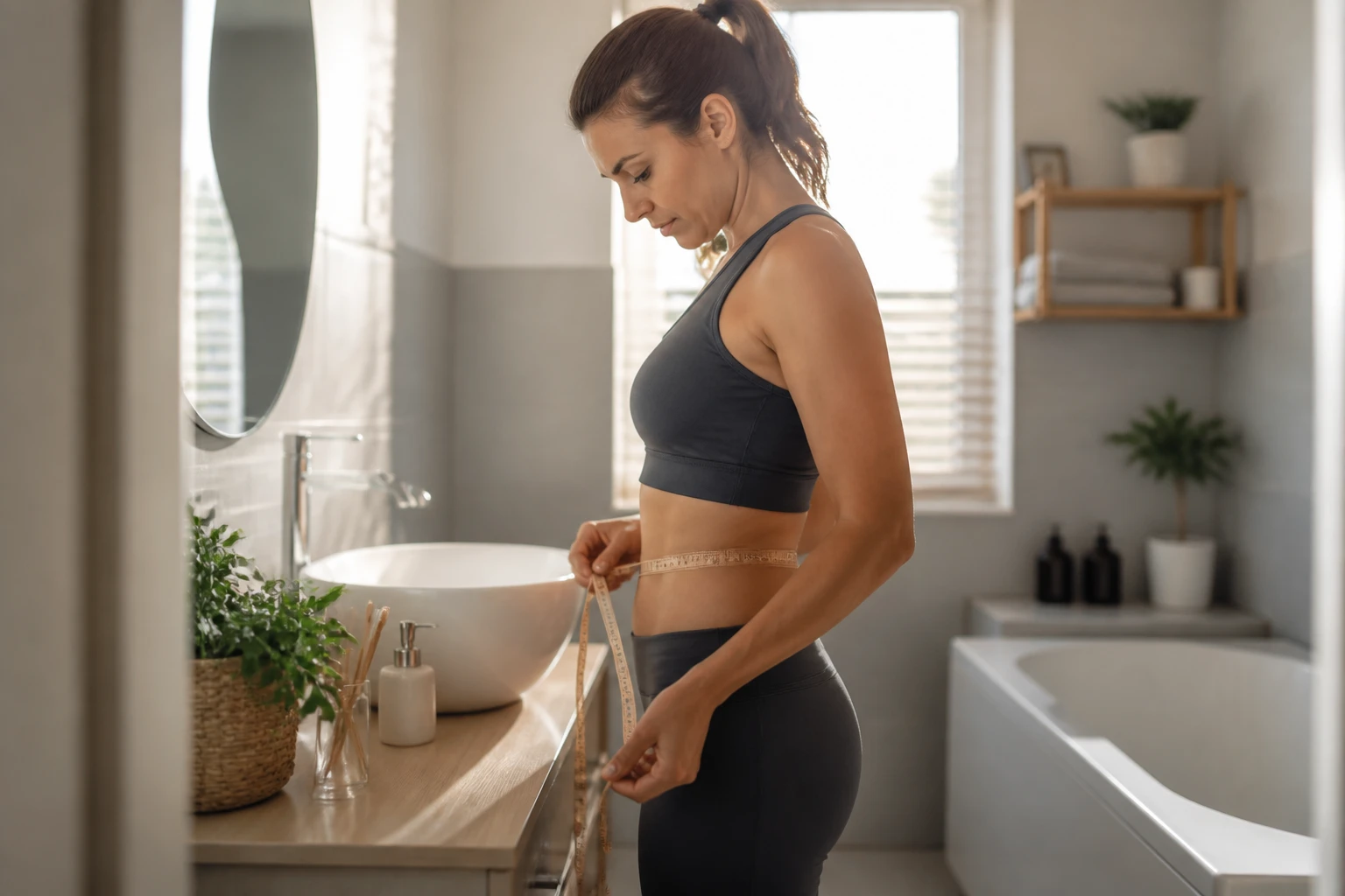 Femme mesurant son tour de taille avec un mètre-ruban dans une salle de bain lumineuse