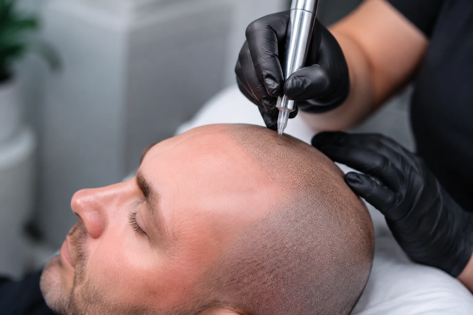 Praticien effectuant une séance de tricopigmentation sur le crâne d'un patient