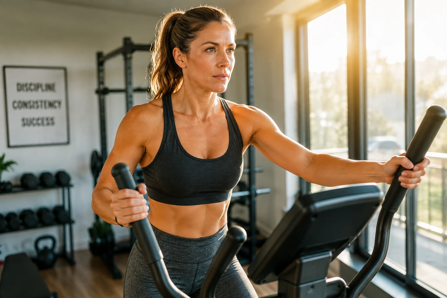 Femme faisant du vélo elliptique dans une salle de sport à domicile lumineuse