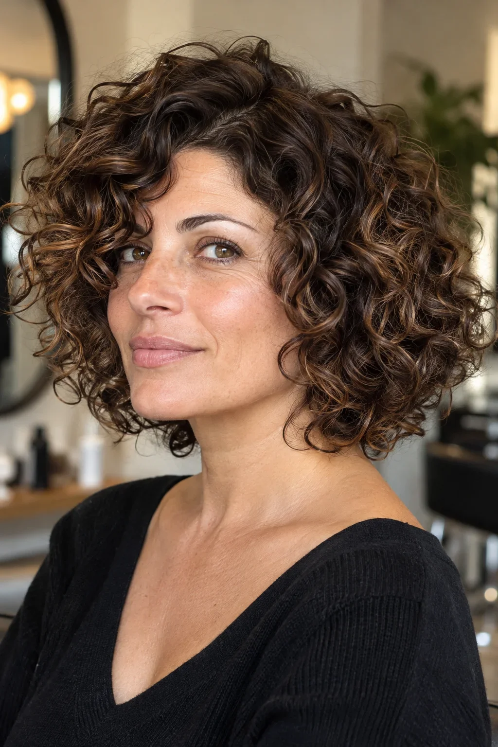 Femme de trois-quarts avec un carré boule sur cheveux bouclés, boucles définies et volume arrondi au diffuseur