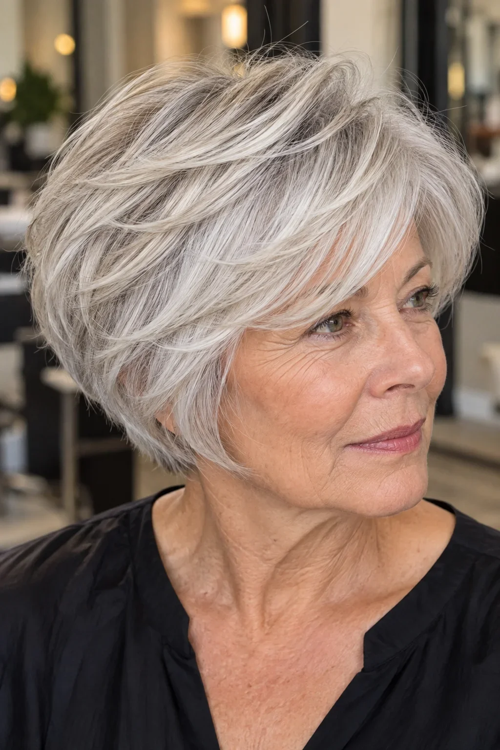 Femme de 60-70 ans avec une coupe boule dégradée nette sur cheveux blancs aux reflets froids argentés