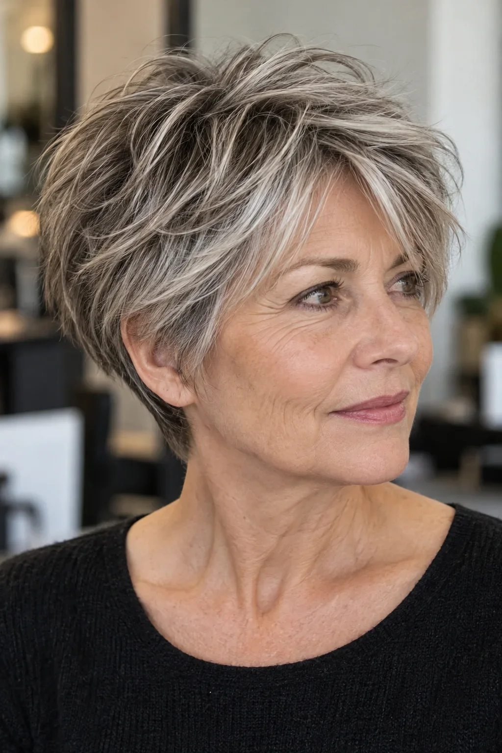 Femme de plus de 55 ans avec une coupe boule courte effilée, dessus aérien et pointes légères