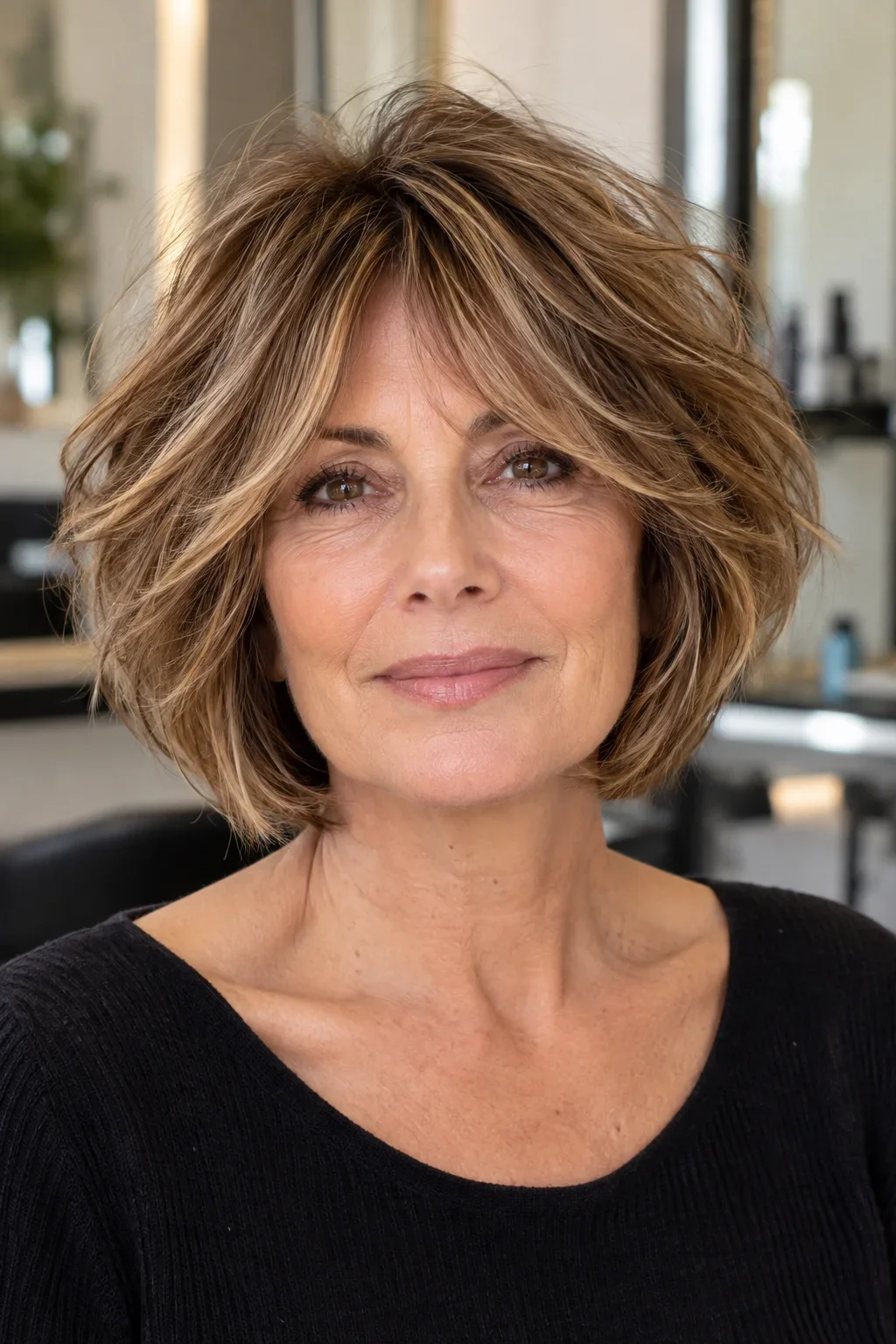 Femme de face avec une boule effilée aux pointes légères, frange rideau et volume arrondi sur le dessus