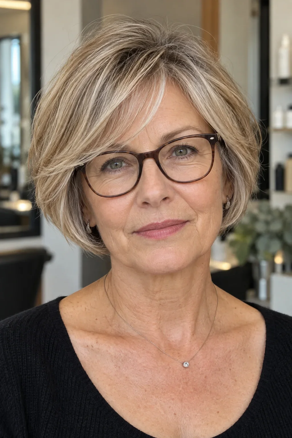 Femme de 60 ans portant des lunettes avec une boule effilée et une frange rideau qui dégage les verres
