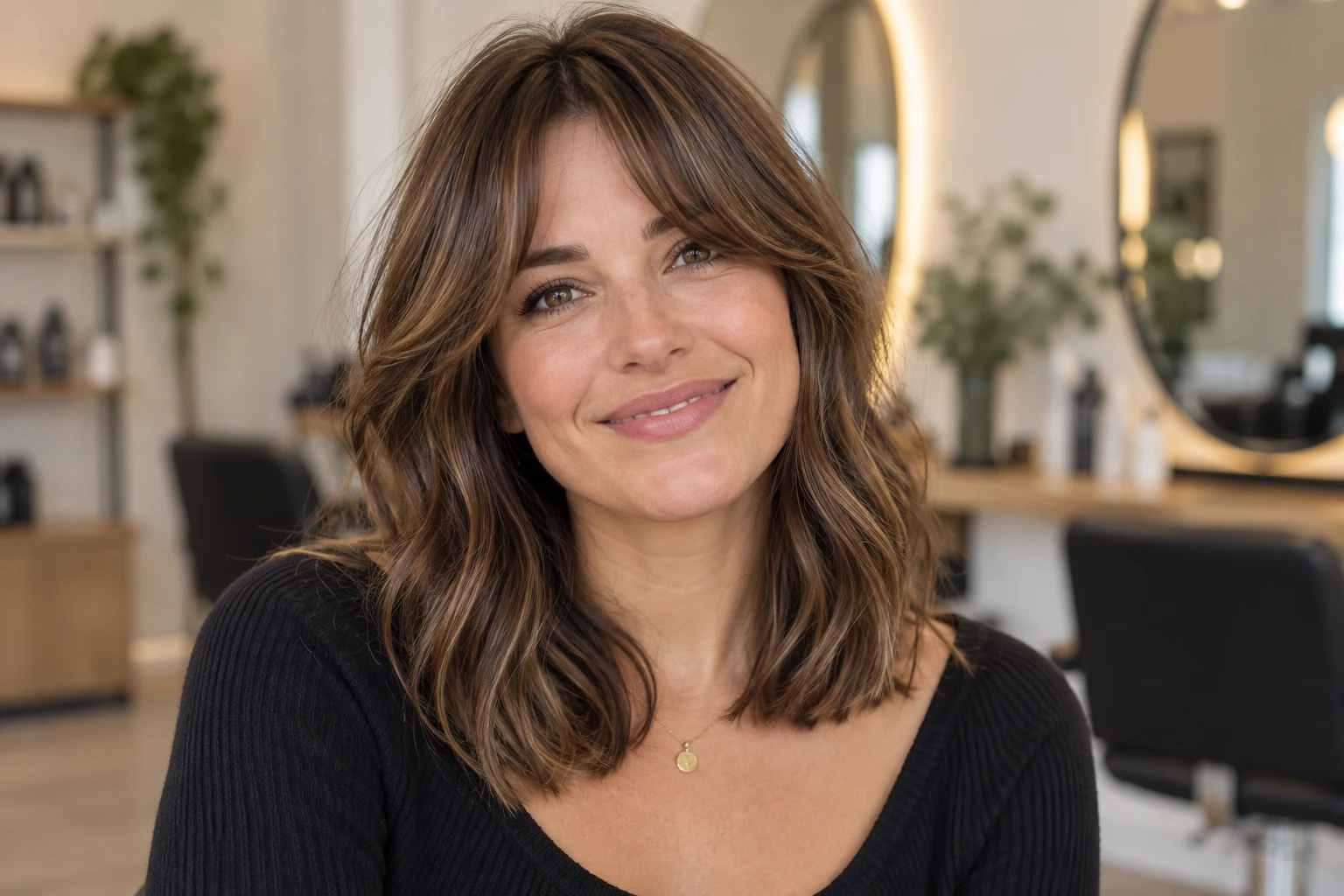 Femme souriante avec une frange rideau séparée au milieu et des cheveux mi-longs châtains