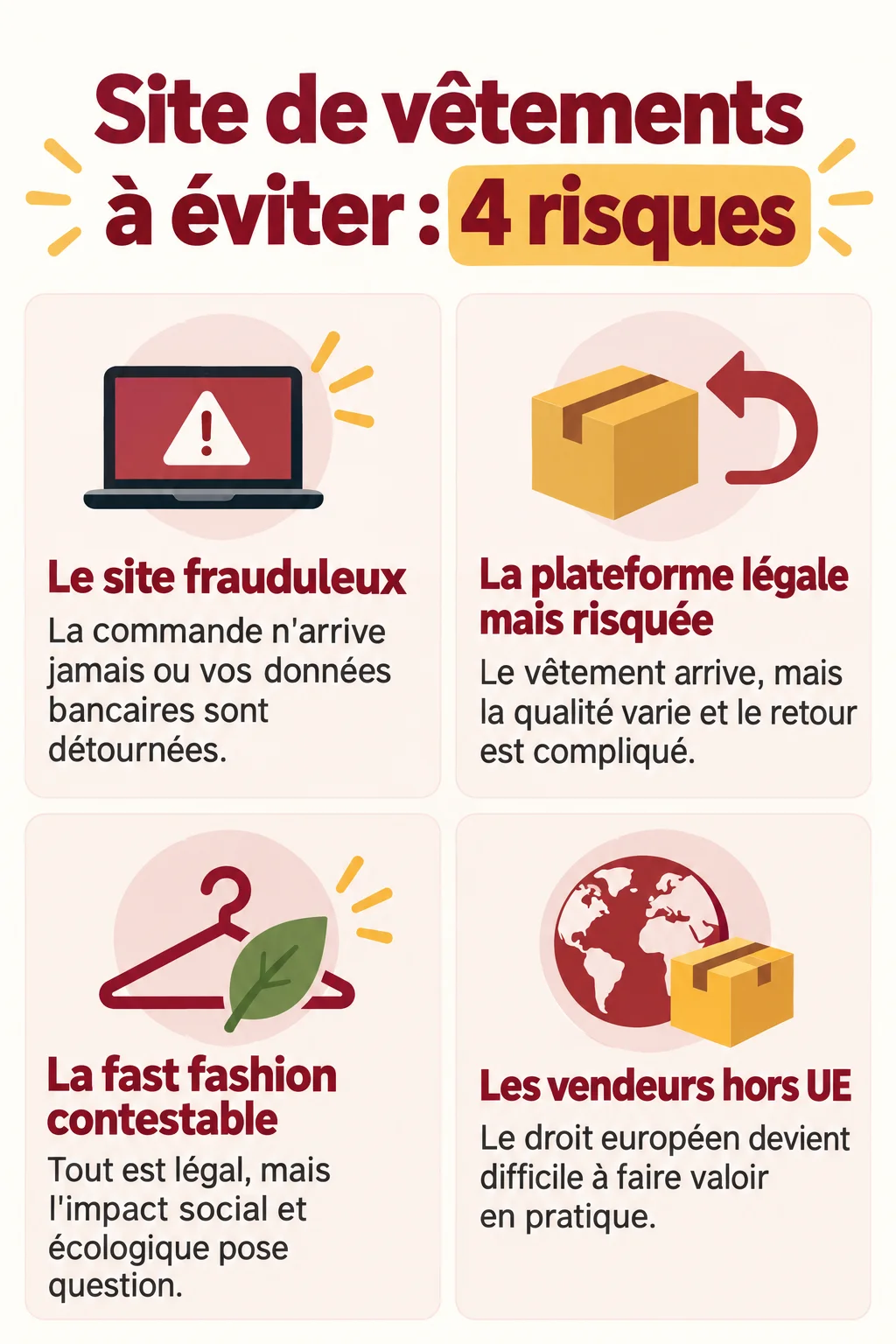 Site de vêtements à éviter : 4 risques : Le site frauduleux, La plateforme légale mais risquée, La fast fashion contestable, Les vendeurs hors UE